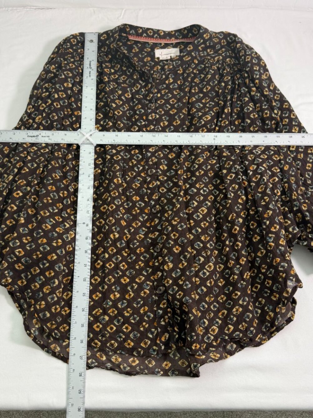 Anthropologie Brown Sheer Blouse Size Large Boho Print Button Front Flowy Top - Picture 8 of 10